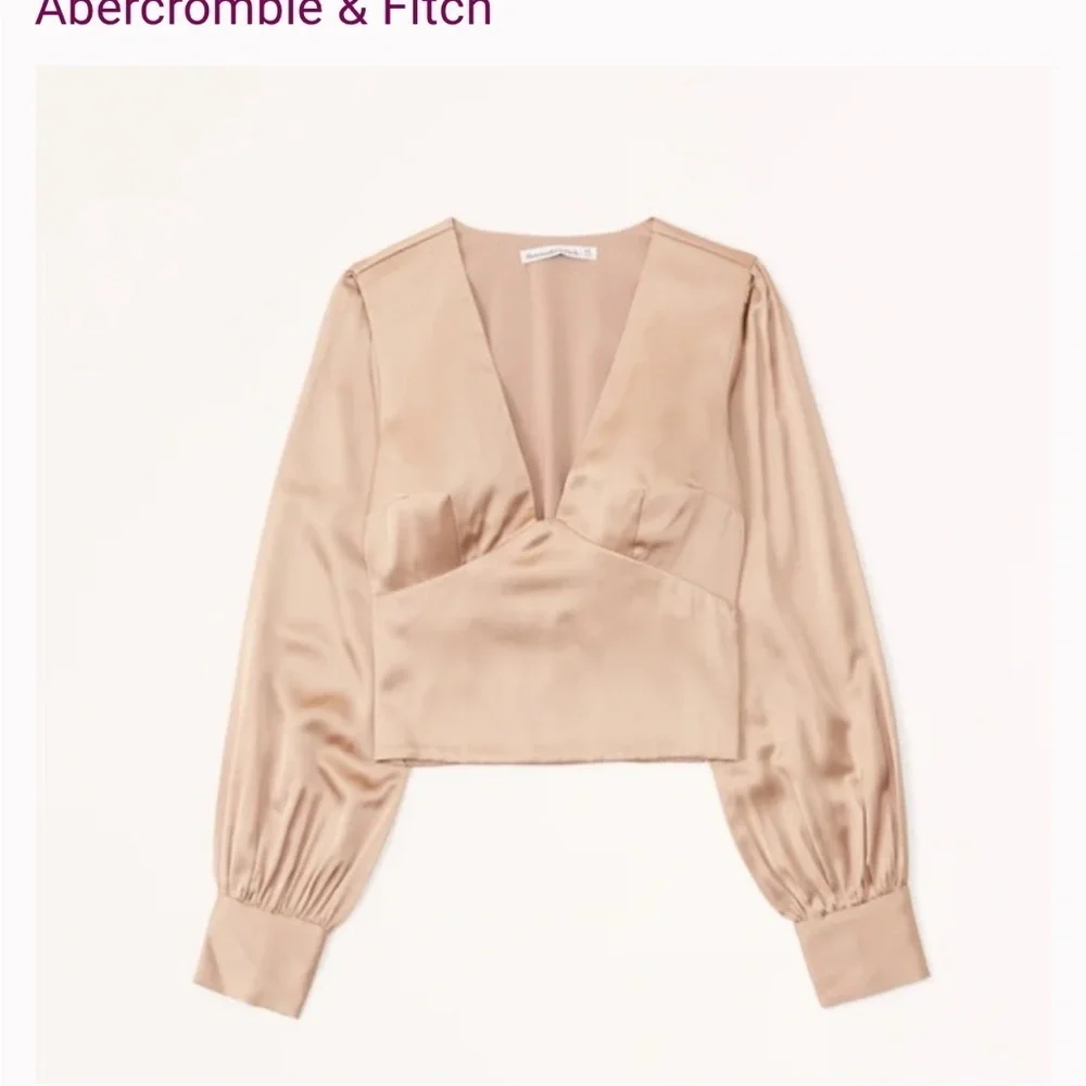 Abercrombie & Fitch Satin Deep V Puff Sleeve Long Sleeve Shiny Champagne Color